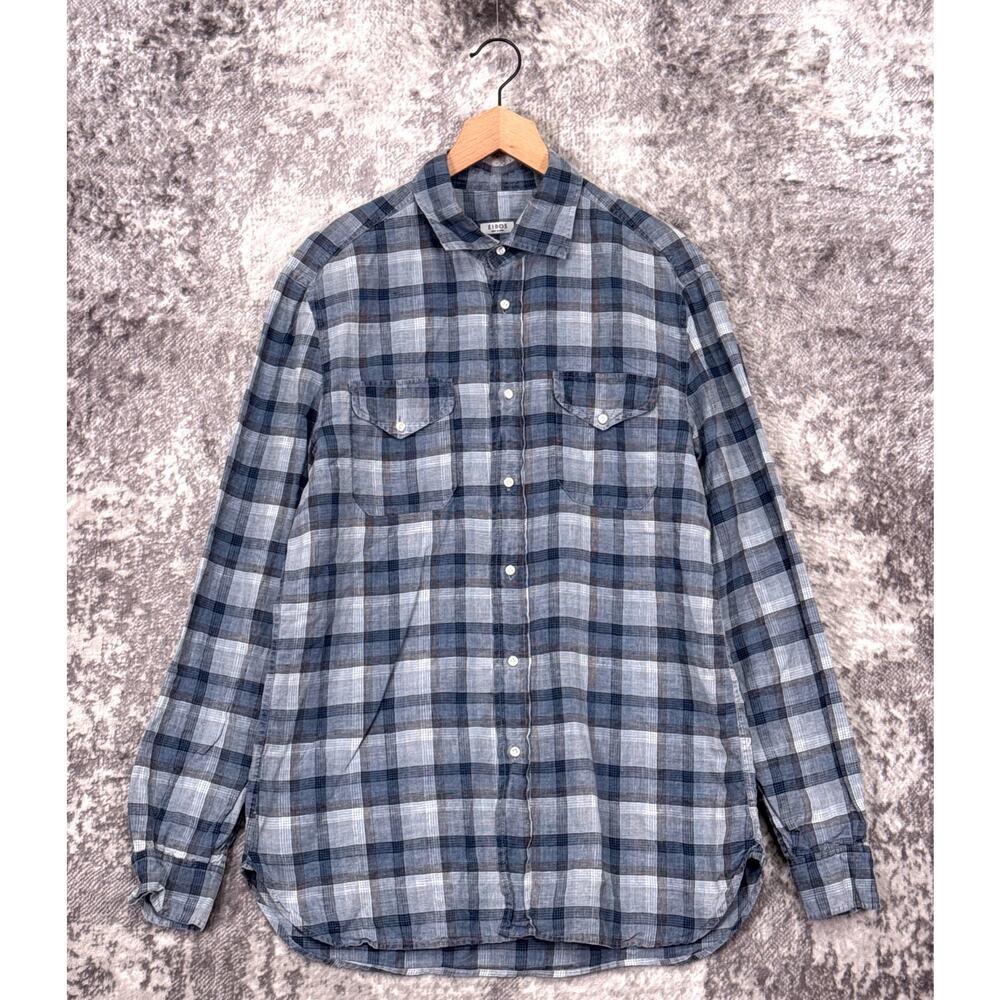 Eidos Shirt Large Mens Blue Plaid Linen Long Sleeve Button Down